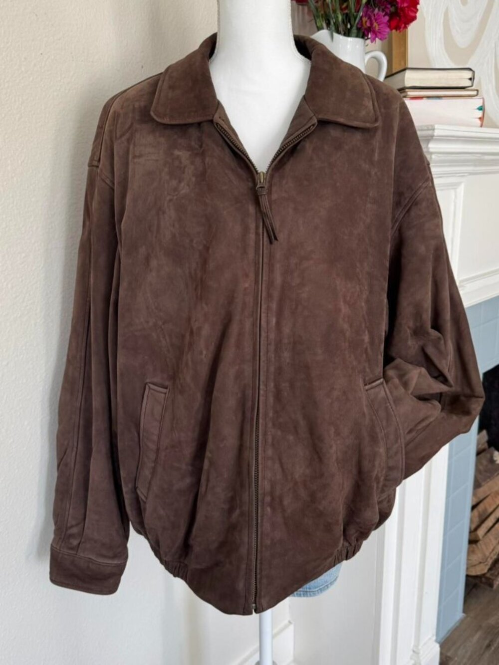 Vintage Brown Suede Bomber Jacket Size L Soft Patina